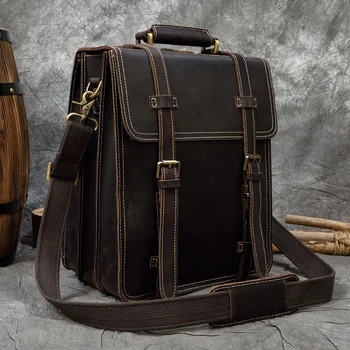 Кожаный мужской рюкзак Crazy horse, сумка через плечо, дорожная сумка для студента, школьника, со съемным противоугонным ремнем