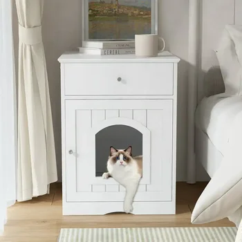 Кошачий домик, ящик для мусора, Приставной столик для домашних животных с выдвижным ящиком - Белый