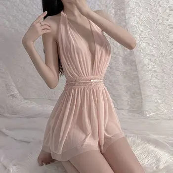Красивое кружевное марлевое платье для сна на спине Искушение Белая Сексуальная сетчатая ночная рубашка с подвешенной шеей из тюля с открытой спиной