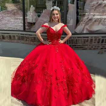 Красные пышные платья с открытыми плечами, бальные платья принцессы, Сладкие 15 вечерних платьев для выпускного вечера, кристалл