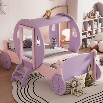 Кровать-карета Princess с деревянной платформой Crown, автомобильная кровать с лестницей, простая в сборке, прочная для мебели для спальни