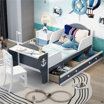 Кровать-платформа в форме лодки С двумя выдвижными ящиками Со столом и стулом Проста в сборке, прочная Подходит для мебели для спальни