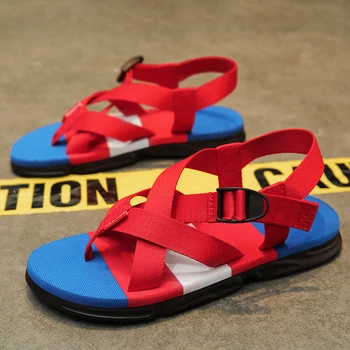 Летняя мужская модная пляжная обувь с пряжкой, модные разноцветные уличные повседневные сандалии, Универсальные удобные Дышащие мужские сандалии.