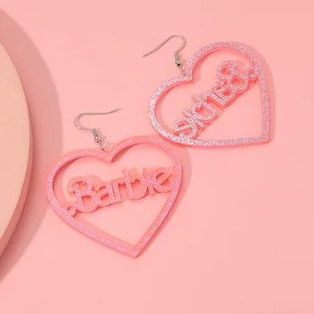 Мерцающие Акриловые Розовые серьги Барби в форме любви, ювелирные изделия с буквами, Милая подвеска, одежда для косплея, аксессуары для девочек, женская одежда
