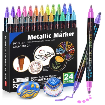 Металлические маркеры, акриловые маркеры 24 цветов, ручки с двумя наконечниками, точечный и мелкий, металлические ручки для рисования