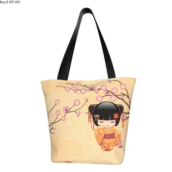Милая сумка для покупок кукол Кокеши, женская холщовая сумка через плечо, прочная Японская сакура, сумки для покупок с цветами сакуры