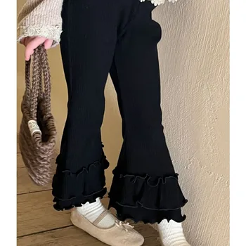 Милые штаны для детей и девочек, Осень 2023, Новые модные Однотонные Леггинсы, Простые Кружевные Эластичные брюки-клеш в Корейском стиле.