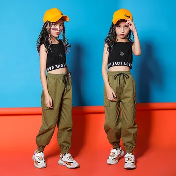 Модная детская одежда в стиле хип-хоп, танцевальные футболки для девочек, зеленые брюки, джазовая танцевальная одежда, конкурсный костюм.