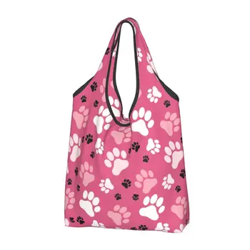 Модные розовые сумки-тоут с отпечатками лап, портативная красочная сумка для покупок с цветочным рисунком