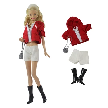 Модный красный комплект одежды для куклы Барби Толстовка с короткими рукавами Белые шорты Сапоги Сумочка Наряды для кукол 1/6 Аксессуары для детских игрушек