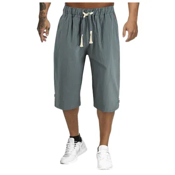 Мужские укороченные брюки из хлопка и льна, мужские летние дышащие однотонные льняные шорты, брюки для фитнеса, уличная одежда, дышащие шорты
