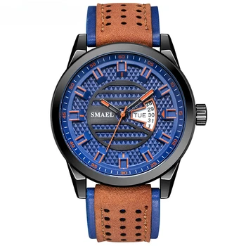 Мужские часы SMAEL С кожаным ремешком, кварцевые часы, мужские креативные повседневные водонепроницаемые часы, Модные спортивные наручные часы 9120