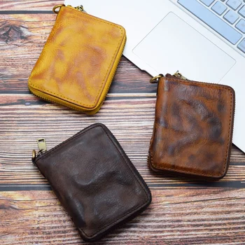 Мужской винтажный короткий кошелек на молнии с верхним слоем из воловьей кожи Zero, многофункциональная сумка для карточек из кожи растительного дубления