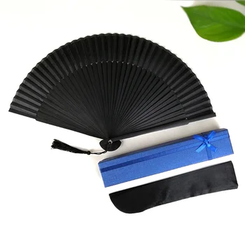 Мужской складной вентилятор Ручной вентилятор из бамбуковой кости, китайский складной вентилятор с сумкой для хранения и бумажной коробкой (черный)