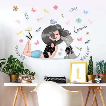 Наклейка на стену с изображением мультфильма для детей, наклейка на стену с рисунком девочки и Щенка, Фоновое Украшение стен и благоустройство