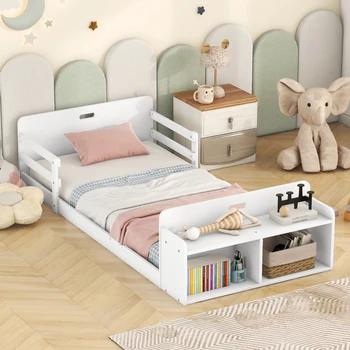 Напольная кровать Twin Size с изножьем для хранения и перилами, серый /белый