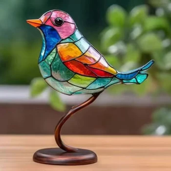 Настольные украшения с птицами из витражного стекла на ветке, Двухсторонние разноцветные украшения в виде птиц, E