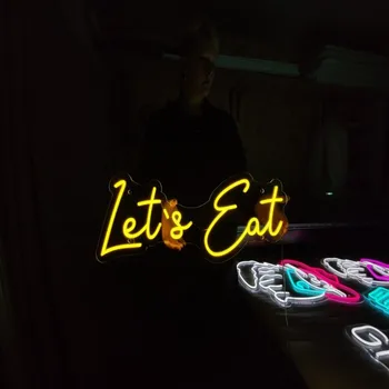Неоновая вывеска Lets Eat, светодиодная подсветка lets eat, неоновая подсветка для кухни на заказ, светодиодная вывеска для кафе, декор ресторана