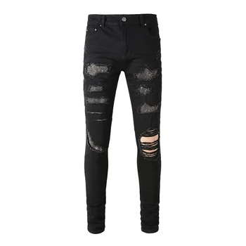 Новая мужская черная потертая тонкая уличная одежда, поврежденные дыры, Обтягивающие джинсы с высокой эластичностью, разрушенные стразы, рваные джинсы в стиле пэчворк