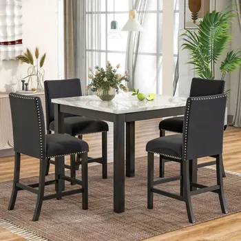 Обеденный стол из 5 предметов, состоящий из одного обеденного стола из искусственного мрамора и четырех стульев с мягкими сиденьями