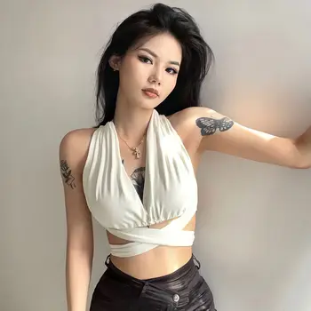 Одежда Y2K, корейские сексуальные топы на бретелях для женщин, укороченные топы с цепочкой, бандаж с открытыми плечами, клубная одежда, жилет без спинки