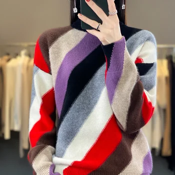 Осенне-зимний женский новый повседневный пуловер, вязаный из 100% шерсти, Мягкий дышащий топ, контрастный свитер с высоким воротником