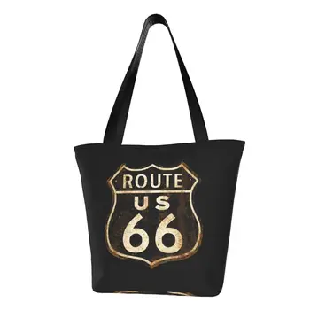 Переработка Винтажной хозяйственной сумки US Route 66, женская Холщовая сумка через плечо, Прочные Сумки для покупок в продуктовых магазинах