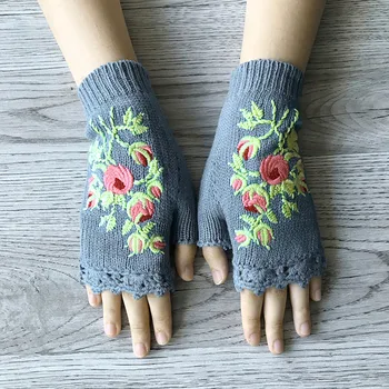 Перчатки с цветочной вышивкой, женские хлопчатобумажные перчатки без пальцев, Вязаные рукавицы для сращивания блоков, Женские зимние перчатки для девочек без пальцев