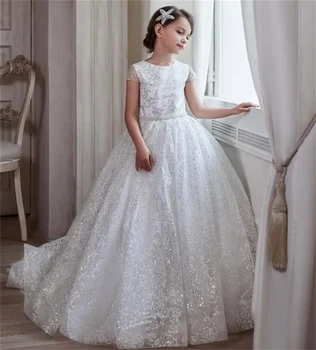 Платье с цветочным узором для девочки, Белое пышное свадебное платье без рукавов из тюля с блестками, Милое платье в цветочек для первого Евхаристического дня рождения ребенка