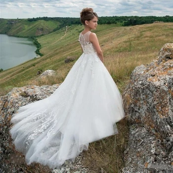 Платья для девочек в цветочек, Элегантное свадебное платье из тюля с аппликацией, кружевное платье для первого причастия длиной до пола, платье принцессы с аппликацией
