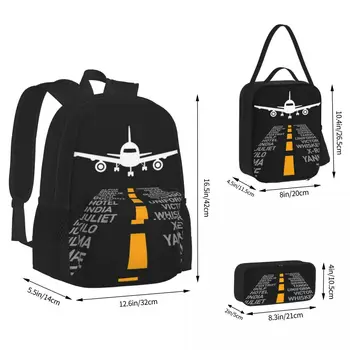 Подарки пилоту самолета, взлетно-посадочная полоса аэропорта, фонетический алфавит, самолет, рюкзак, сумка для книг, школьные сумки, сумка для ланча, сумка для ручек, набор из трех предметов