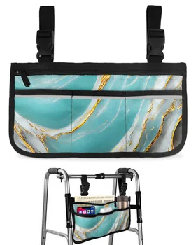 Подлокотник инвалидной коляски цвета морской волны с мраморной текстурой, боковое хранилище, несколько карманов со светоотражающими полосками, подвесная сумка для хранения детской тележки
