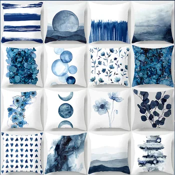 Подушка для домашнего декора в стиле бохо, квадратная наволочка с принтом в синем тоне, подушка для декора автомобильного дивана