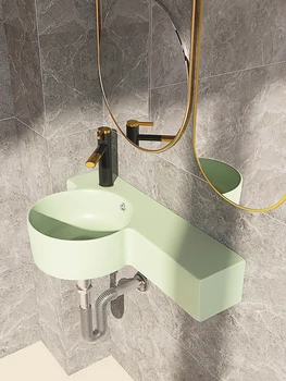 Раковина для ванной комнаты в маленькой квартире, настенный мини-керамический умывальник зеленого цвета, ультраузкая столешница небольшого размера, цельный умывальник