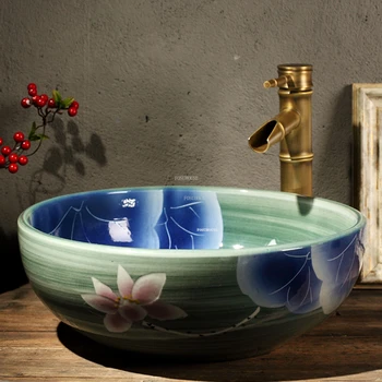 Раковины для ванной комнаты с ручной росписью в европейском стиле, Домашняя керамическая столешница, круглый современный маленький умывальник, ретро-раковина для ванной комнаты