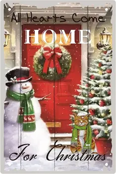 Ретро Рождество Все сердца Возвращаются домой на Рождество Жестяная Вывеска Снеговик Кошка Винтажные Таблички Плакат для бара Домашнее кафе Декор стен во дворе