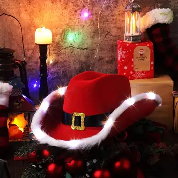 Рождественская ковбойская шляпа с красной кнопкой Питание от аккумулятора Мягкая Удобная с красочным светом Долговечный Рождественский реквизит для косплея