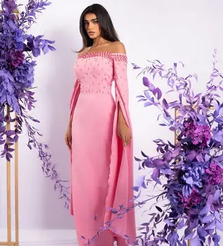 Розовые вечерние платья с открытыми плечами для выпускного вечера, длинные рукава с разрезом, бусы, Арабский дизайн, Элегантные вечерние платья Vestidos De