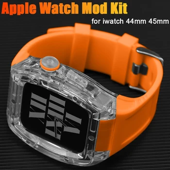 Роскошный Прозрачный чехол + ремешок для Apple Watch Band Mod kit 44 мм 45 мм Спортивная силиконовая накладка для iwatch series 8 7 SE 6 5 4