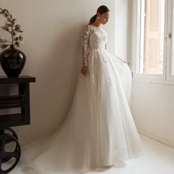 Свадебное платье с длинными рукавами трапециевидной формы цвета слоновой кости, пляжное платье принцессы с аппликацией на пуговицах, свадебное платье