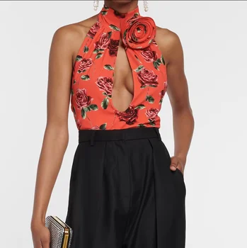 Сексуальный женский топ на бретелях с открытой спиной, новый стиль, жилет с вырезами в виде 3D цветов, модные винтажные топы с принтом роз