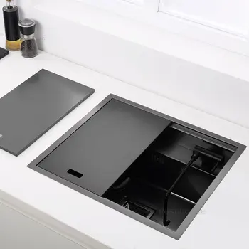 Скрытая черная кухонная раковина с перекладиной для мытья посуды из нержавеющей стали Скрытый умывальник с краном для чистой воды Открытая кухонная раковина