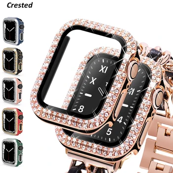 Стекло + Крышка для Apple Watch case 40 мм 44 мм 45 мм 41 мм Аксессуары iWatch с Бриллиантами + Защитная Пленка для экрана Apple watch 8 SE 7 6 5 4 3 Band