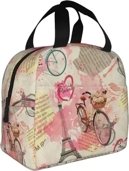 Сумки для ланча Love Paris Эйфелева башня, винтажные сумки для ланча из газет, велосипед с цветами для женщин, Моющийся контейнер для ланча, коробка