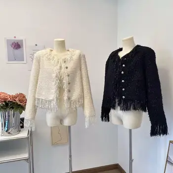 Твидовое пальто ручной работы с бахромой и небольшим ароматом 2023, Осеннее женское черно-белое пальто с длинным рукавом и кисточкой
