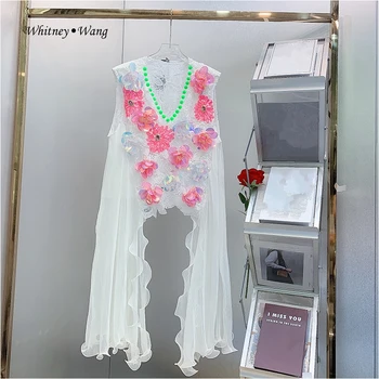 Уитни ВАН Дизайнерский стиль 2023, летняя уличная мода, кружевная блузка с 3D цветочными оборками, женская рубашка