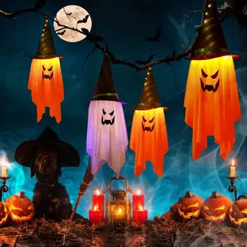 Украшение в виде призрака тыквы, жуткие светодиодные украшения для вечеринки в честь Хэллоуина, Шляпа ведьмы-призрака из тыквы, Подвесные украшения с предустановленными