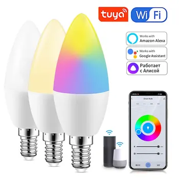 Умная WiFi Лампочка Tuya Intelligent E14 Candle Lamp RGBCW Голосовое Управление с Alexa Google Home Alice AC 85-265 В 5 Вт 7 Вт 9 Вт