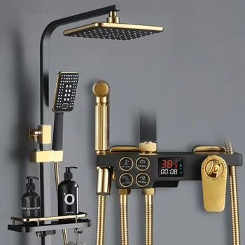 Черно-золотой набор для душа с цифровым дисплеем, 4 Функциональные кнопки, система термостата, Настенный латунный набор для душа в ванной комнате
