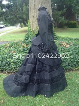 Черное готическое бальное платье, свадебные платья, Кружевные оборки с рюшами, длинный рукав, Суета, Викторианская история, свадебное платье, дневное платье
